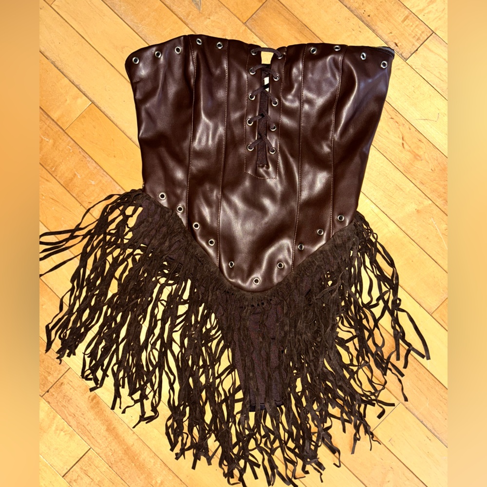 NWT That's So Fetch S 4 Chocolate brown fringe Lace-Up Corset bodysuit festival - Picture 4 of 6